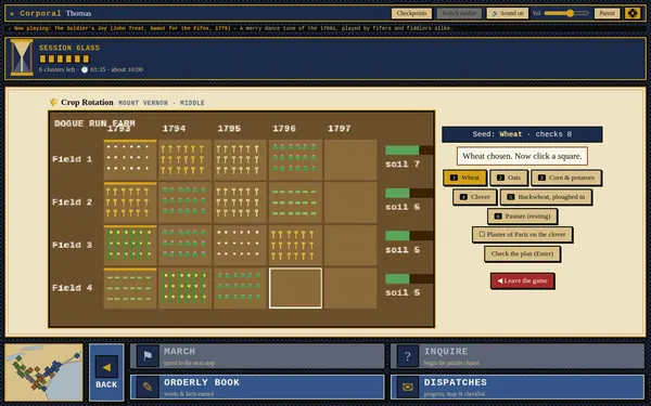 Crop Rotation mini-game: A grid of four fields over five years with crops planted and soil bars on the right.