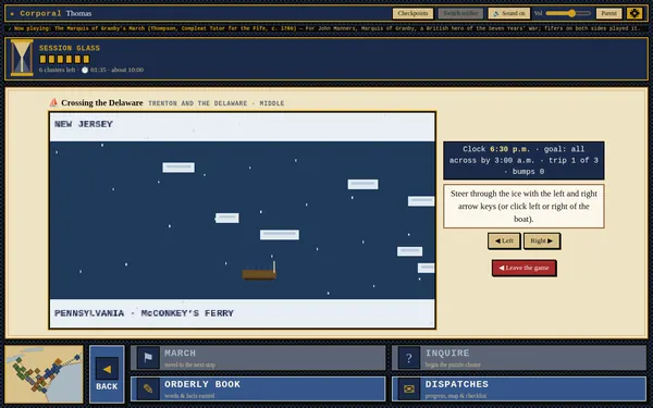 Crossing the Delaware mini-game: Boats crossing a dark, icy river from Pennsylvania toward New Jersey.