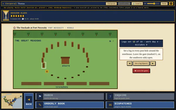 The Stockade at Fort Necessity mini-game: A ring of log posts around a storehouse in the Great Meadows, seen from above.