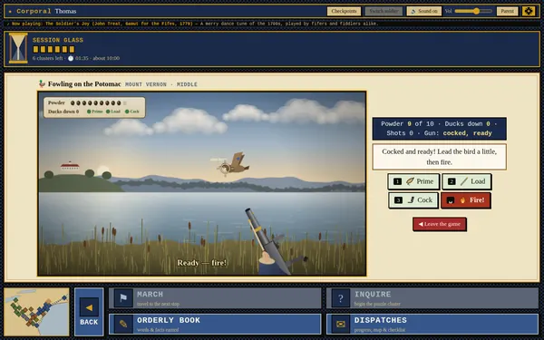 Fowling on the Potomac mini-game: A flintlock barrel aimed at a duck over the Potomac, with prime, load, cock and fire buttons.