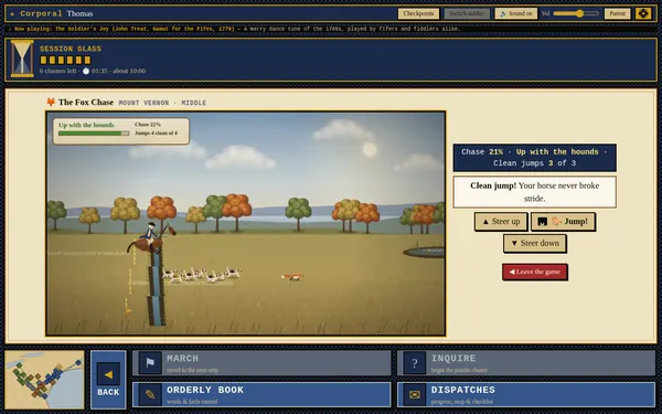 The Fox Chase mini-game: A rider jumping a fence behind a pack of hounds across an autumn field.