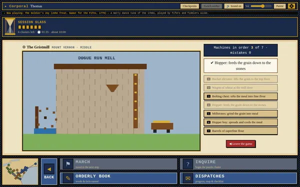 The Gristmill mini-game: The Dogue Run mill building beside a list of mill machines to put in order.