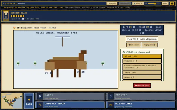 The Pack Horse mini-game: A pack horse in snow at Wills Creek, November 1753, with weights shown on each side.