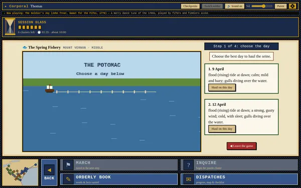 The Spring Fishery mini-game: A seine net stretched across the Potomac, with a choice of which day to fish.